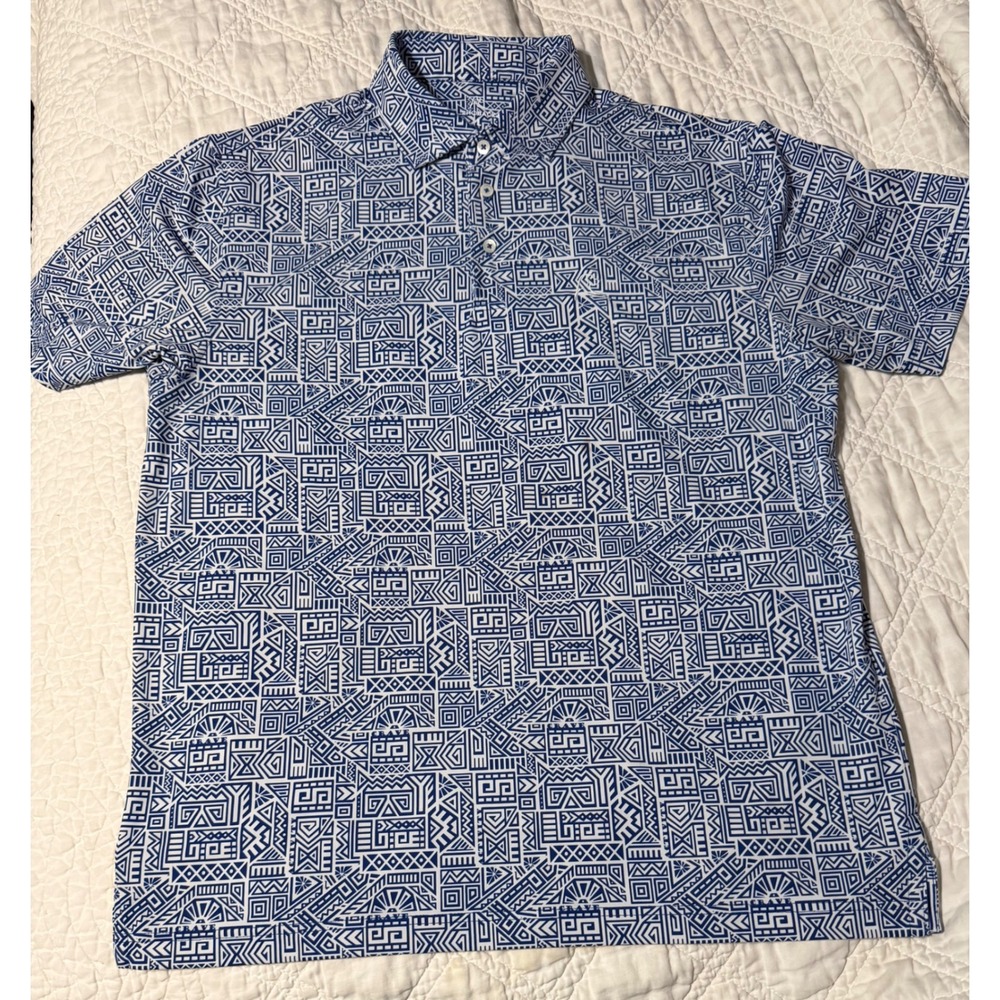 Rhoback Mens Performance Polo Shirt L Blue White Geometric Aztec Print Crave